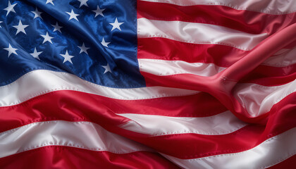  Dark red navy blue white USA American flag close-up. Draped fabric texture. Star-spangled banner with shadows. Bold wavy stripes. Soft lighting. National pride. Freedom symbol. Vintage tone.