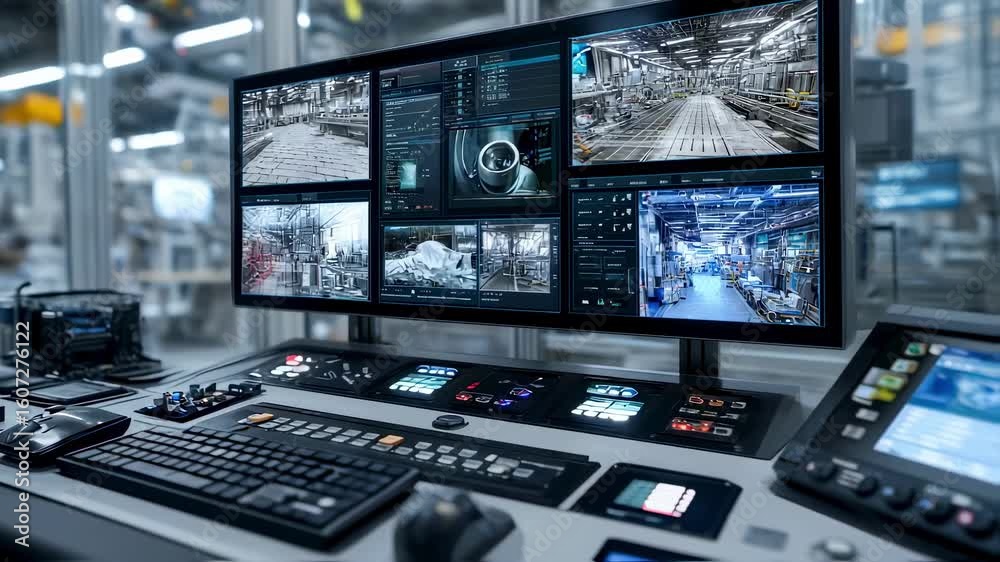 Poster multiple screens displaying real time data and video feeds enhance efficiency and automation in a cu