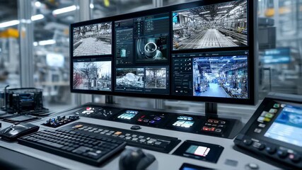 Multiple screens displaying real time data and video feeds enhance efficiency and automation in a cutting edge industrial setting, showcasing the power of industry 4.0 - Powered by Adobe