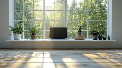 Fototapeta premium Sunlight streams through a large window, illuminating a laptop on a windowsill