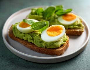hard boiled egg on avocado toast with freen leaves healthy breakfast or lunsh