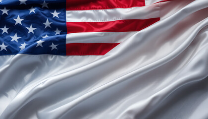 Navy blue red white American flag background. Close-up fabric folds. Stars and stripes pattern. Soft shadow lighting. Wavy textured surface. Patriotic USA symbol of freedom, pride, and unity.