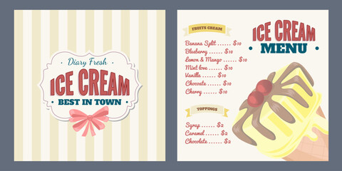 Ice Cream Menu design template. Layout concept with cold dessert for cafe and restaurant. Different flavors of ice cream with prices. Vector illustration.