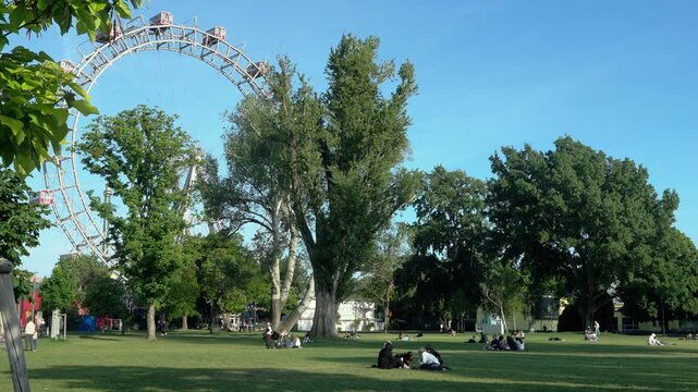 Massive ferris wheel in Vienna in the background of a large green park with people sitting in the sun