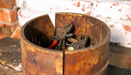 Vintage workshop scene with a collection of antique hand tools in a weathered wooden container on a workbench.
