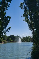 Fountain sprays water in serene lake surrounded by trees on a clear sunny day