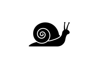 A simple black silhouette of a snail with a spiral shell on a white background art
