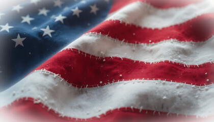 Navy blue red white American flag background. Close-up fabric folds. Stars and stripes pattern. Soft shadow lighting. Wavy textured surface. Patriotic USA symbol of freedom, pride, and unity.
