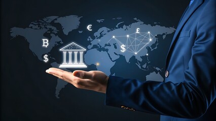 Global Finance Network: Man Presenting International Currencies and Banking System on World Map Background, Concept of Wealth and Prosperity.