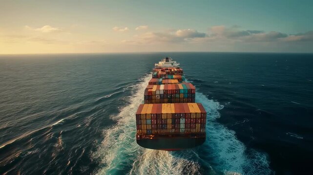 A cargo ship loaded with containers labeled with various investment strategies navigating a turbulent sea where calm waters ahead signify a successful return on investment forecast.