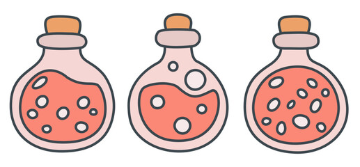 Magical Halloween potions in round glass bottles with cork stoppers filled with bubbling red liquid for spooky festive celebrations