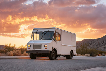 postal delivery vehicle stands majestically against backdrop of ultrabright sunset embodying essence of reliability