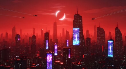 Futuristic cityscape bathed in red light with flying vehicles and digital displays on skyscrapers under a crescent-shaped moon.