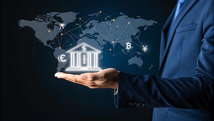 Global Financial Network: Businessman Holding World Map with Currency Symbols, Banking Structure, and Digital Connections.