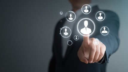 Businessman Touching Digital Interface with User Icons and Connections