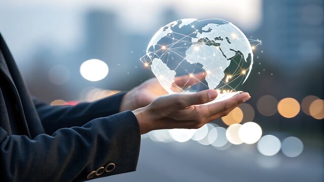 Global Network Concept: Hands Holding Illuminated Earth Visualization for Worldwide Connectivity and Innovation on Blurred Urban Backdrop. - Powered by Adobe