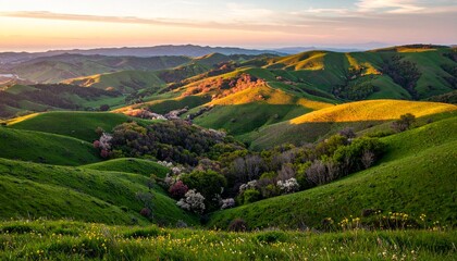 Obraz premium Golden sunset light illuminates the lush green rolling hills and a picturesque valley, creating a serene and beautiful spring landscape.