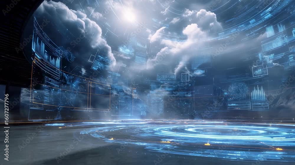 Poster futuristic command center displaying holographic data interfaces and cloud computing activities with