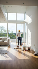 Fototapeta premium Painter applying white paint to a tall wall in a spacious, sunlit modern living room. 