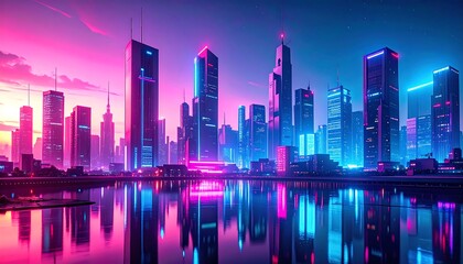 Fototapeta premium Futuristic metropolis reflected in water with vibrant neon hues of pink and blue