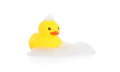 One cute rubber duck and foam on mirror surface against white background