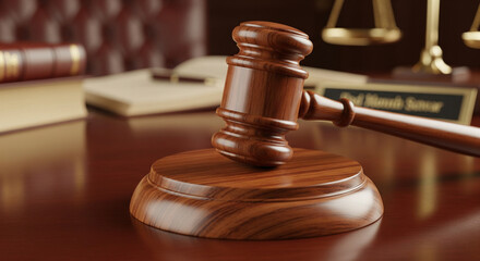 Legal Judgment and Authority – Gavel Close-Up in Courtroom