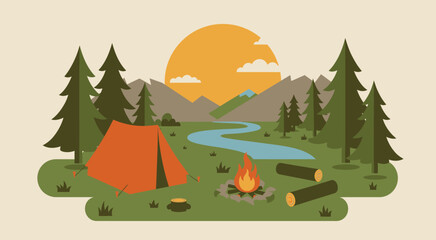 Camping in the wilderness with tent campfire and beautiful mountain scenery
