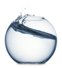 Glass aquarium with splashing water isolated on white