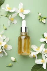 Essential oil and beautiful jasmine flowers on green background, flat lay