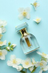 Bottle of perfume and beautiful jasmine flowers on light blue background, flat lay