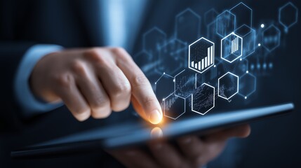 Businessman interacting with digital tablet, pointing at data visualization, focus on touchscreen interface, technology and business concept.
