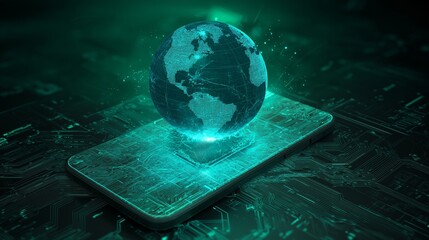 Futuristic Holographic Earth Projection from Smartphone - Technology, Innovation, Global Connection, Digital World Visualization.