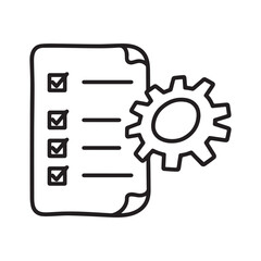 A minimalist line art icon of a checklist with a gear symbol. 