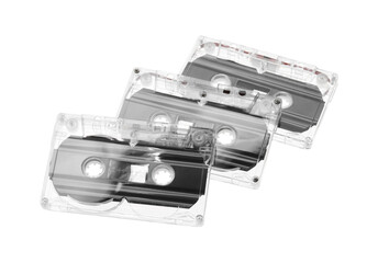 Audio cassettes with magnetic tapes isolated on white