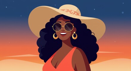 Glamorous Black Woman in a Sun Hat at Sunset