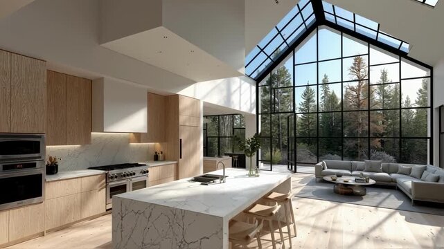 Modern open plan kitchen and living room with a high ceiling and a large window overlooking a forest, representing luxury real estate, architecture and minimalist design