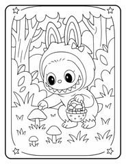 Cute forest monster bunny picking Mushrooms colouring book page 