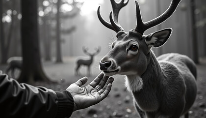 Hand feeding a deer in misty forest with other deer in background  