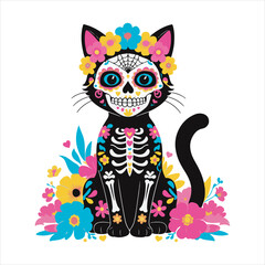 Fototapeta premium Day of the Dead Cat Illustration in Sugar Skull Style,Colorful Mexican Cat Art with Floral Decorations,Sugar Skull Black Cat Vector for Day of the Dead,Decorative Cat in Mexican Folk Art Style