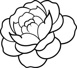 Stylized black and white line art of a blooming rose flower isolated on white background