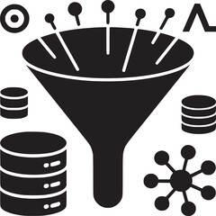 Data filtering process concept: funnel for data analysis, data science and information management