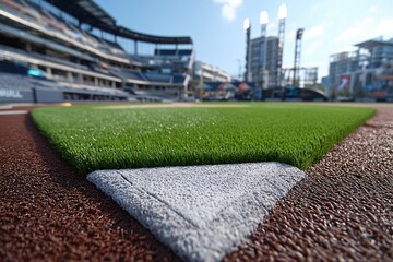 Close-Up View of Baseball Field Grass and Base in Stadium Setting