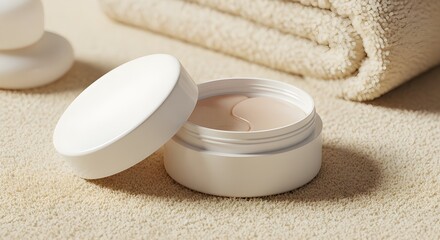 Open Round Lip Patch Container Mockup – Blank Cosmetic Packaging on Soft Spa Towel Background for Skincare, Beauty Branding, and Product Design Presentations