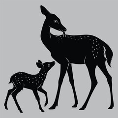 Deer Licking Newborn Fawn in Nature silhouette vector design art and illustration