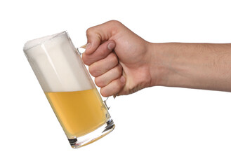 Man with glass mug of tasty beer on white background, closeup