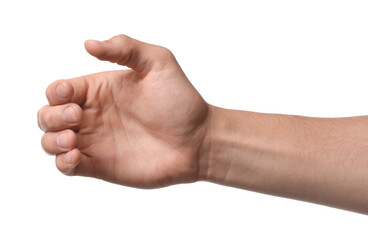 Man holding something on white background, closeup