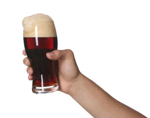 Man with glass of tasty beer on white background, closeup