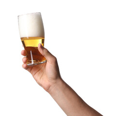Man with glass of tasty beer on white background, closeup