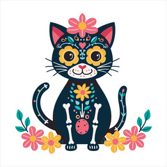 Day of the Dead Cat Illustration in Sugar Skull Style,Colorful Mexican Cat Art with Floral Decorations,Sugar Skull Black Cat Vector for Day of the Dead,Decorative Cat in Mexican Folk Art Style