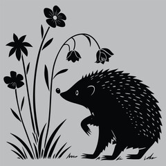 Hedgehog Sniffing Colorful Flowers silhouette vector design art and illustration
